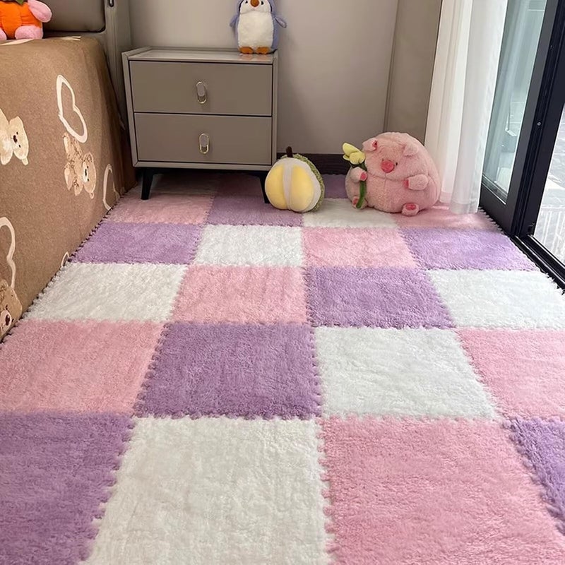 Typutomi 12pcs Plush Puzzle Foam Floor Mat, Cute Soft Fluffy Interlocking Square Foam Tiles Area Rugs Carpet for Parlor Bedroom Decoration(11.8x11.8x0.4in, Pink&White&Light Purple) - Image 5